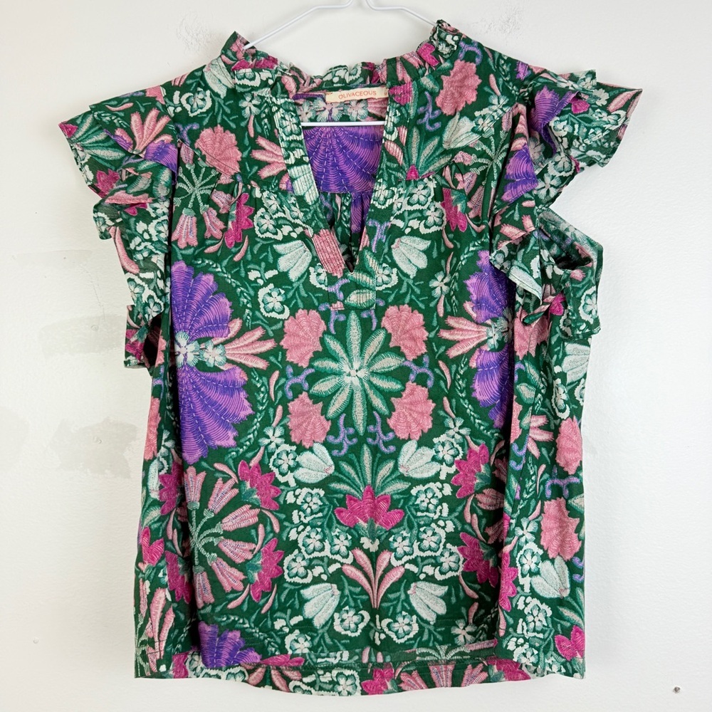 Olivaceous Cottagecore Floral Ruffle Sleeve Blouse Cotton Top